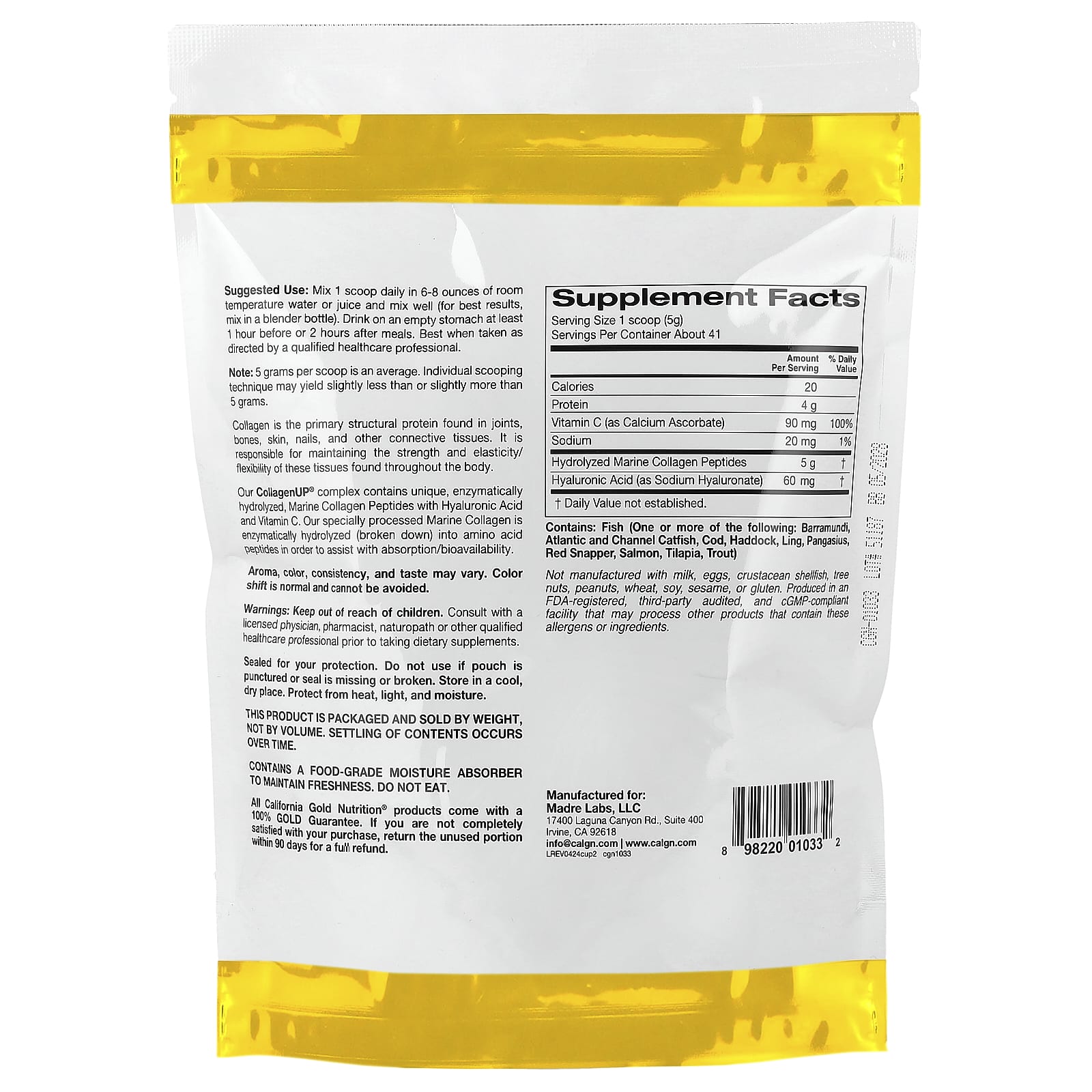 California Gold Nutrition - ollagenUP®, Hydrolysed Marine Collagen Peptides with Hyaluronic Acid and Vitamin C, unflavoured