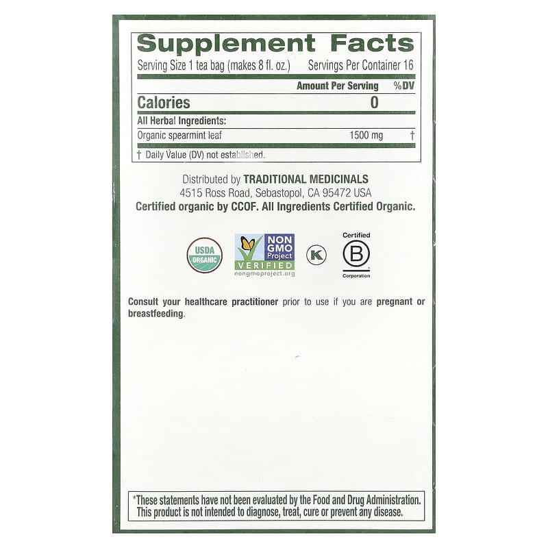 Traditional Medicinals, Organic Spearmint, Caffeine Free, 16 Wrapped Tea Bags